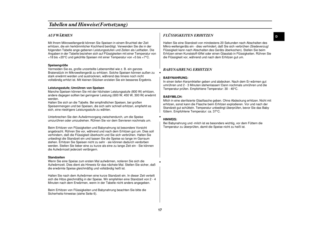 Samsung M1727N/XEE, M1727N-S/XEG manual Aufwärmen, Babynahrung Erhitzen, Speisengröße, Leistungsstufe Umrühren von Speisen 