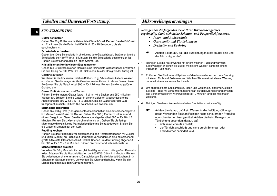 Samsung M1727N/XEE, M1727N-S/XEG, M1727N/XEG manual Mikrowellengerät reinigen, Zusätzliche Tips 