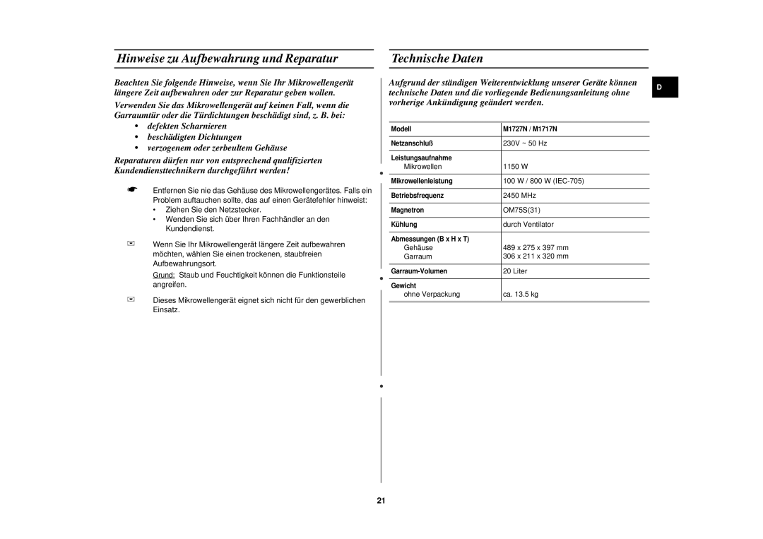 Samsung M1727N-S/XEG, M1727N/XEG, M1727N/XEE manual Hinweise zu Aufbewahrung und Reparatur, Technische Daten 