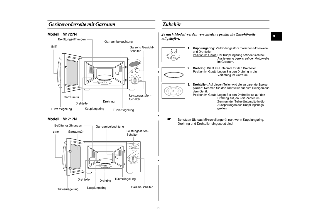 Samsung M1727N-S/XEG, M1727N/XEG, M1727N/XEE manual Gerätevorderseite mit Garraum Zubehör 