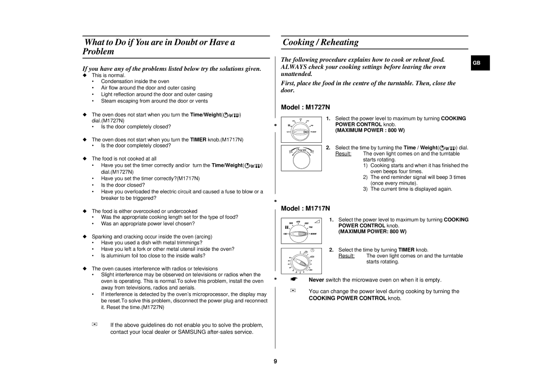 Samsung M1727N-S/XEG, M1727N/XEG, M1727N/XEE manual What to Do if You are in Doubt or Have a Problem, Cooking / Reheating 