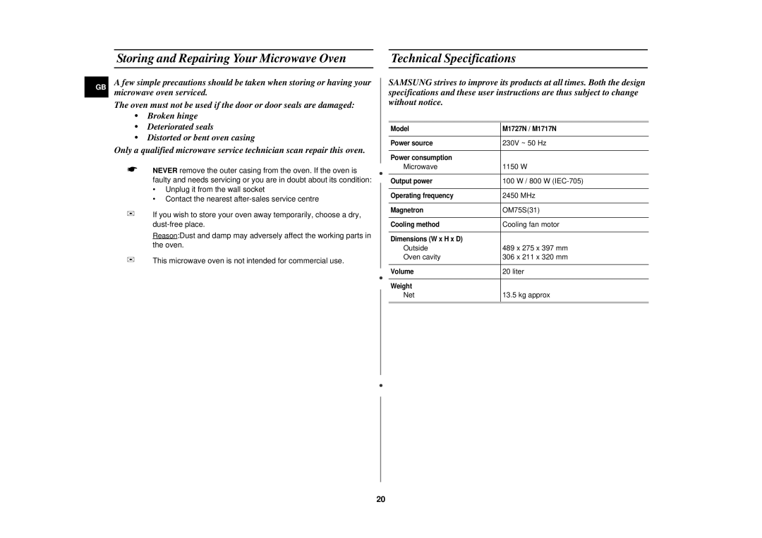 Samsung M1727N/XEE, M1727N-S/XEG, M1727N/XEG manual Storing and Repairing Your Microwave Oven, Technical Specifications 