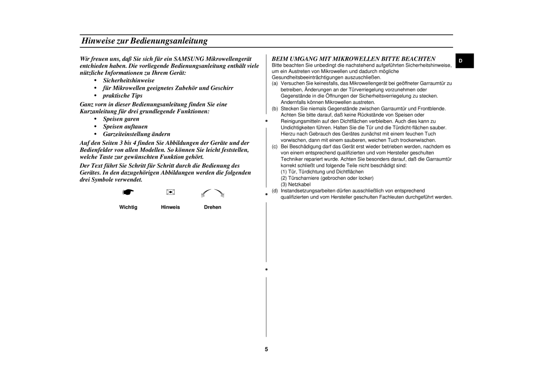 Samsung M1727N/XEE manual Hinweise zur Bedienungsanleitung, Beim Umgang MIT Mikrowellen Bitte Beachten, Wichtig Hinweis 