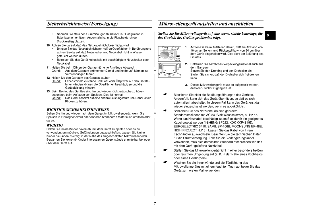 Samsung M1727N/XEG, M1727N-S/XEG manual SicherheitshinweiseFortsetzung, Mikrowellengerät aufstellen und anschließen, Wichtig 