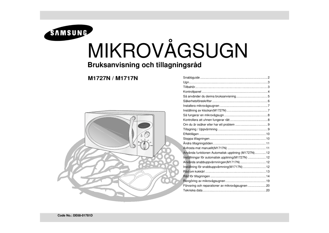 Samsung M1727N/XEG, M1727N-S/XEG, M1727N/XEE manual Mikrovågsugn, Code No. DE68-01781D 