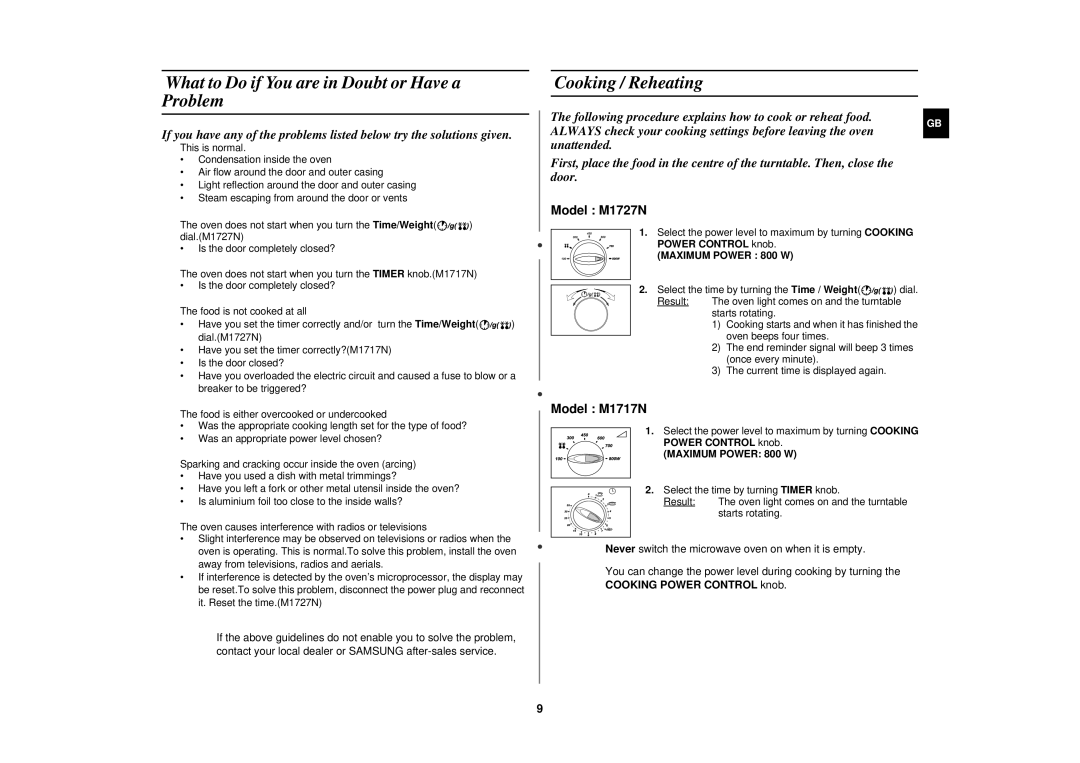 Samsung M1727N-S/XEG manual What to Do if You are in Doubt or Have a Problem, Cooking / Reheating, Maximum Power 800 W 