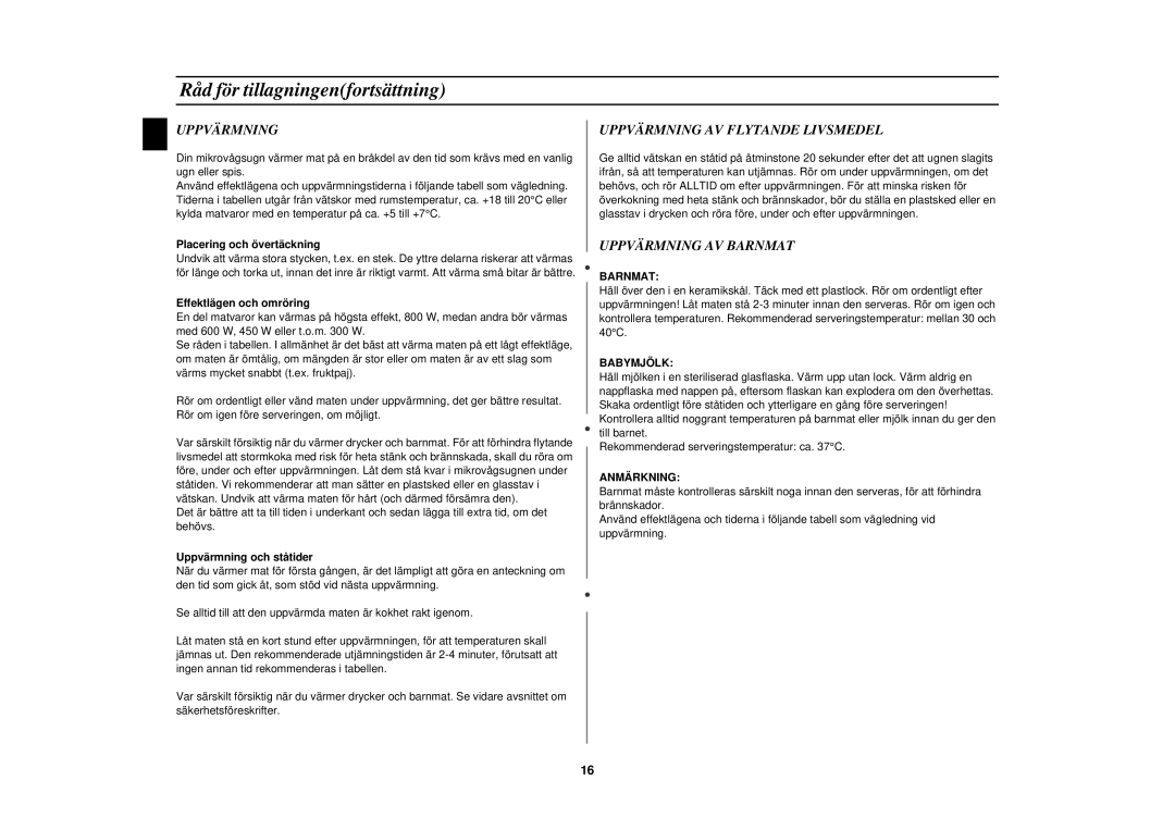 Samsung M1727N/XEG, M1727N-S/XEG, M1727N/XEE manual SW Uppvärmning, Uppvärmning AV Flytande Livsmedel, Uppvärmning AV Barnmat 