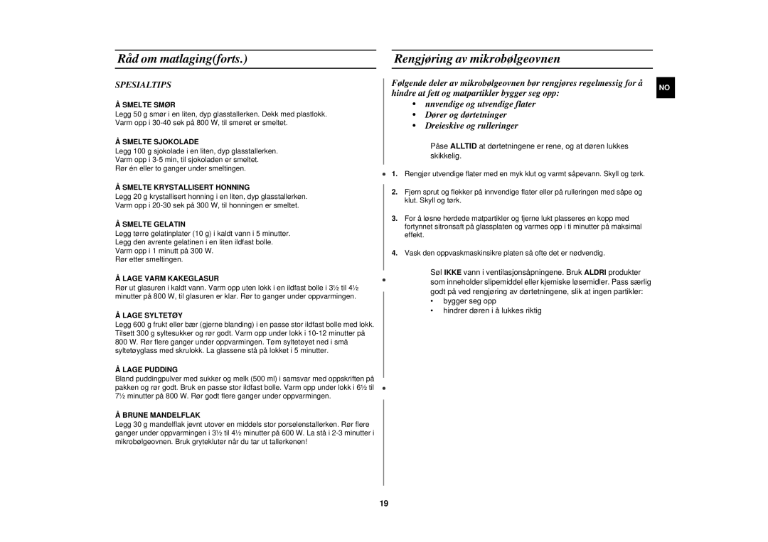 Samsung M1727N/XEG, M1727N-S/XEG, M1727N/XEE manual Rengjøring av mikrobølgeovnen, Spesialtips 