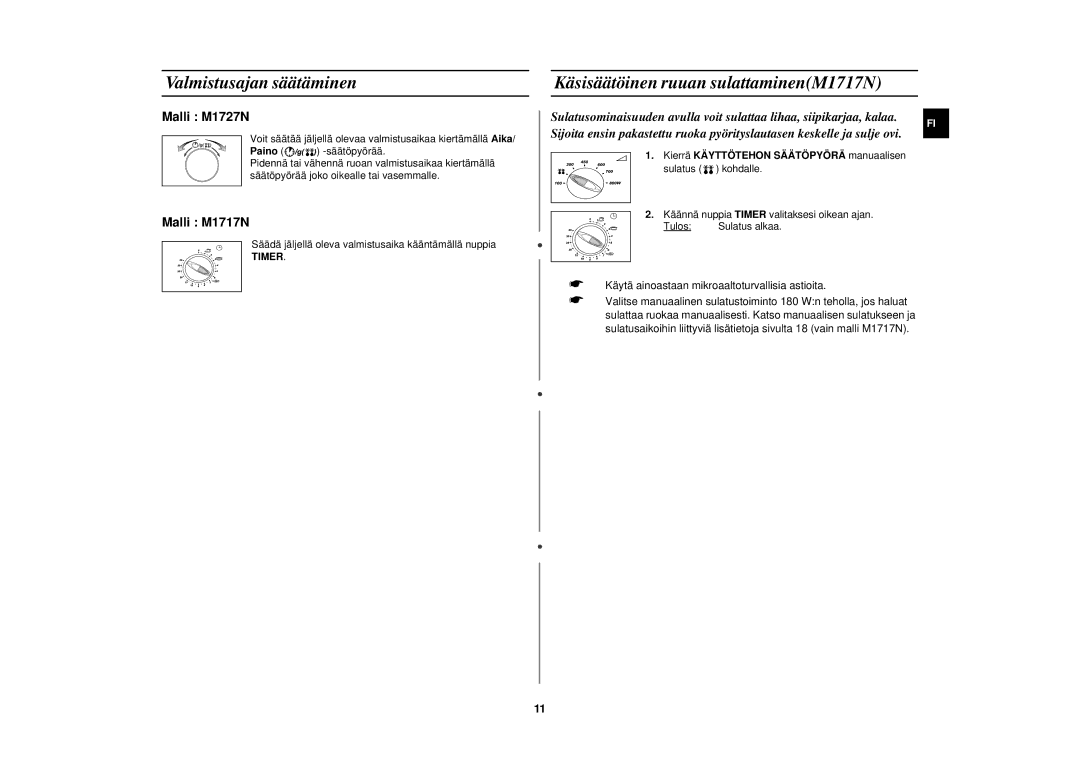 Samsung M1727N/XEE, M1727N-S/XEG, M1727N/XEG manual Valmistusajan säätäminen, Käsisäätöinen ruuan sulattaminenM1717N, Timer 