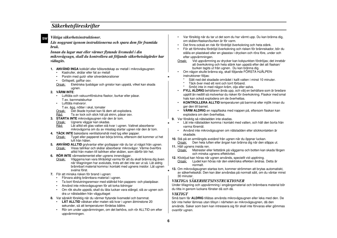 Samsung M1727N-S/XEG, M1727N/XEG, M1727N/XEE manual Säkerhetsföreskrifter, Viktiga Säkerhetsinstruktioner, Viktigt, Värm Inte 