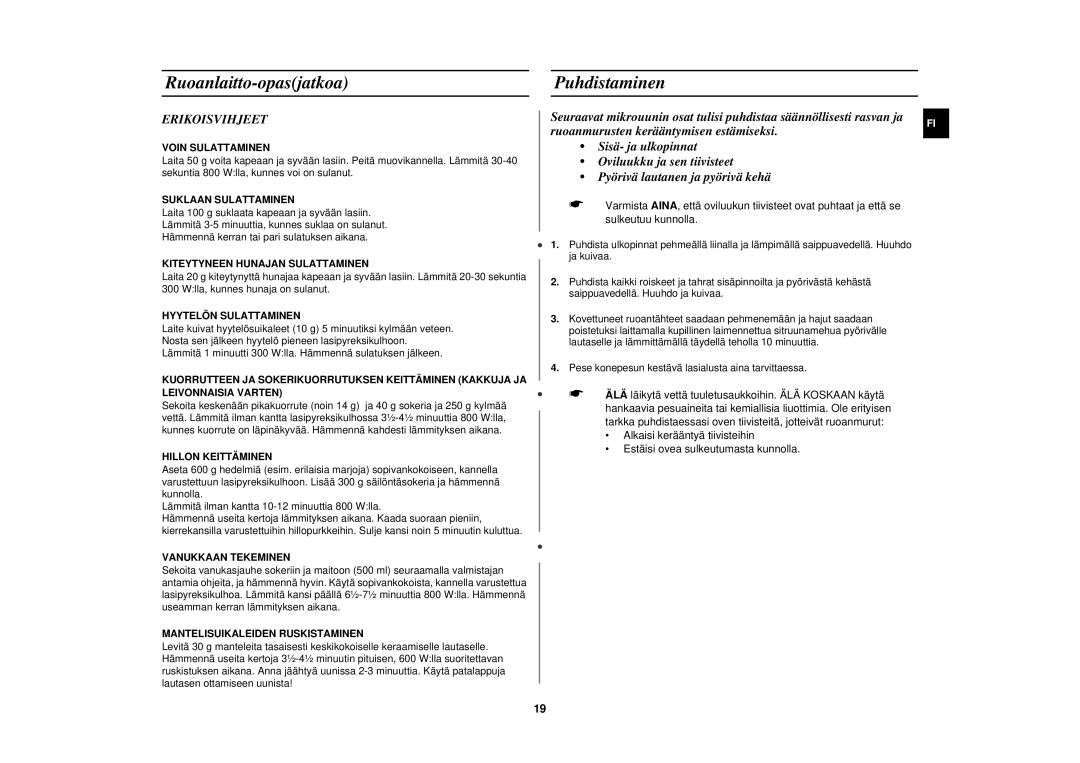 Samsung M1727N/XEG, M1727N-S/XEG, M1727N/XEE manual Puhdistaminen, Erikoisvihjeet 