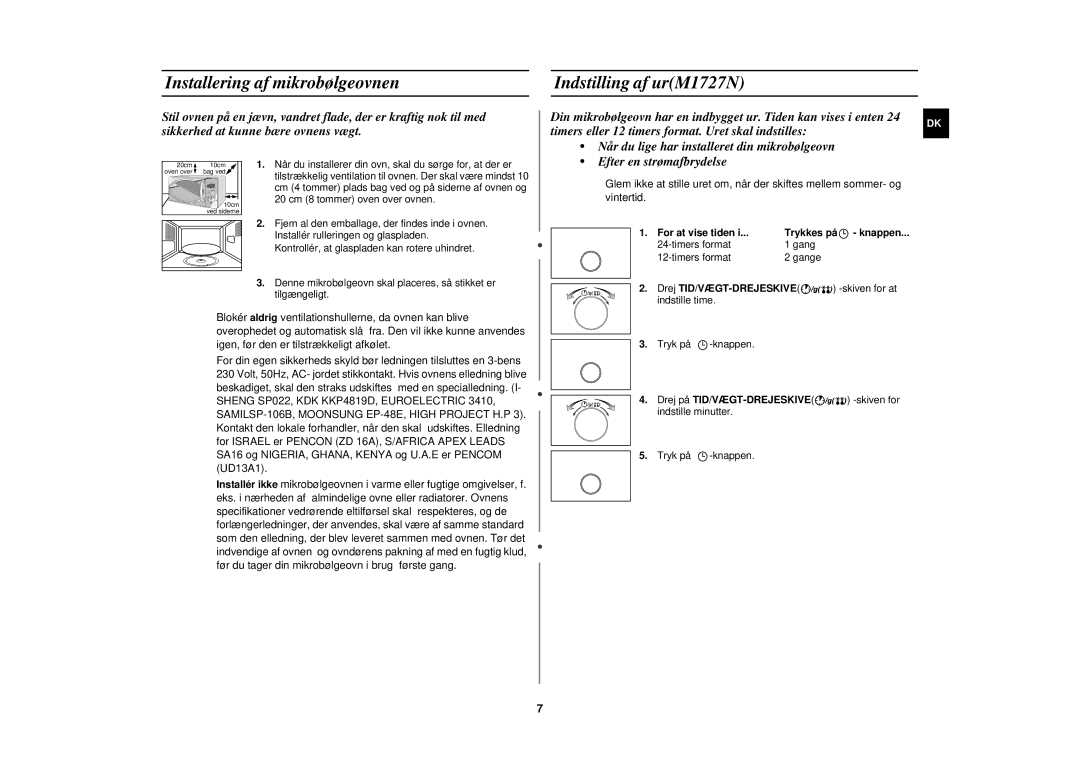 Samsung M1727N/XEG, M1727N-S/XEG, M1727N/XEE Installering af mikrobølgeovnen, Indstilling af urM1727N, Trykkes på knappen 