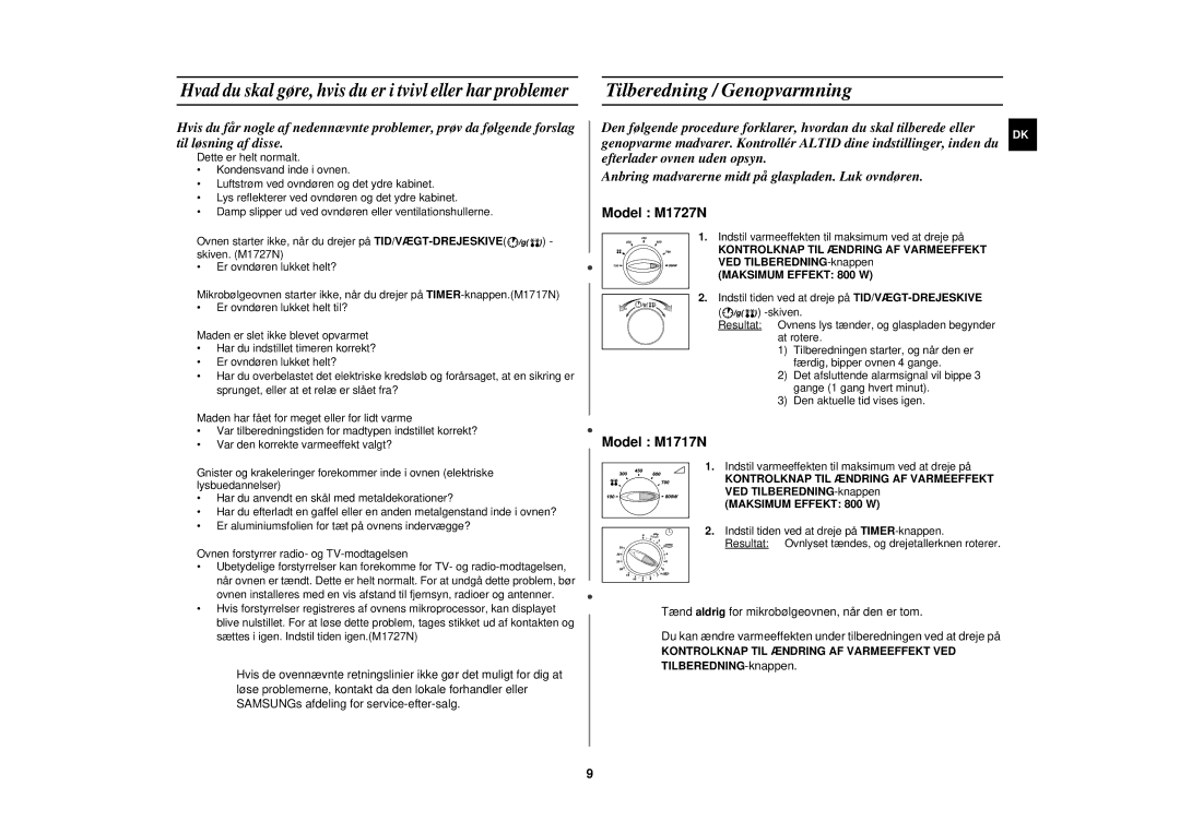 Samsung M1727N-S/XEG, M1727N/XEG, M1727N/XEE manual Tilberedning / Genopvarmning, Maksimum Effekt 800 W 