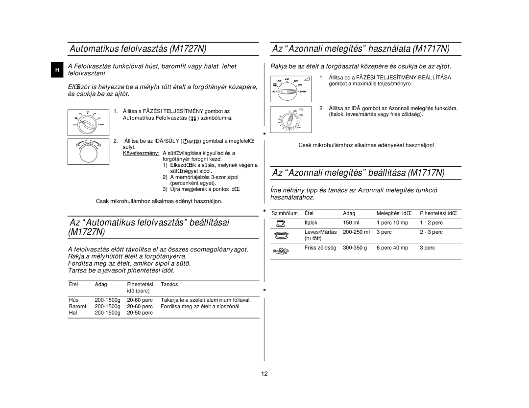 Samsung M1727N/LIB, M1727N/XEH manual Automatikus felolvasztás M1727N, Az Automatikus felolvasztás beállításai M1727N 