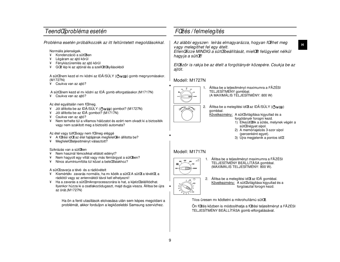 Samsung M1727N/XEH, M1727N/LIB manual TeendŒ probléma esetén, FŒzés / felmelegítés, Maximális Teljesítmény 800 W 