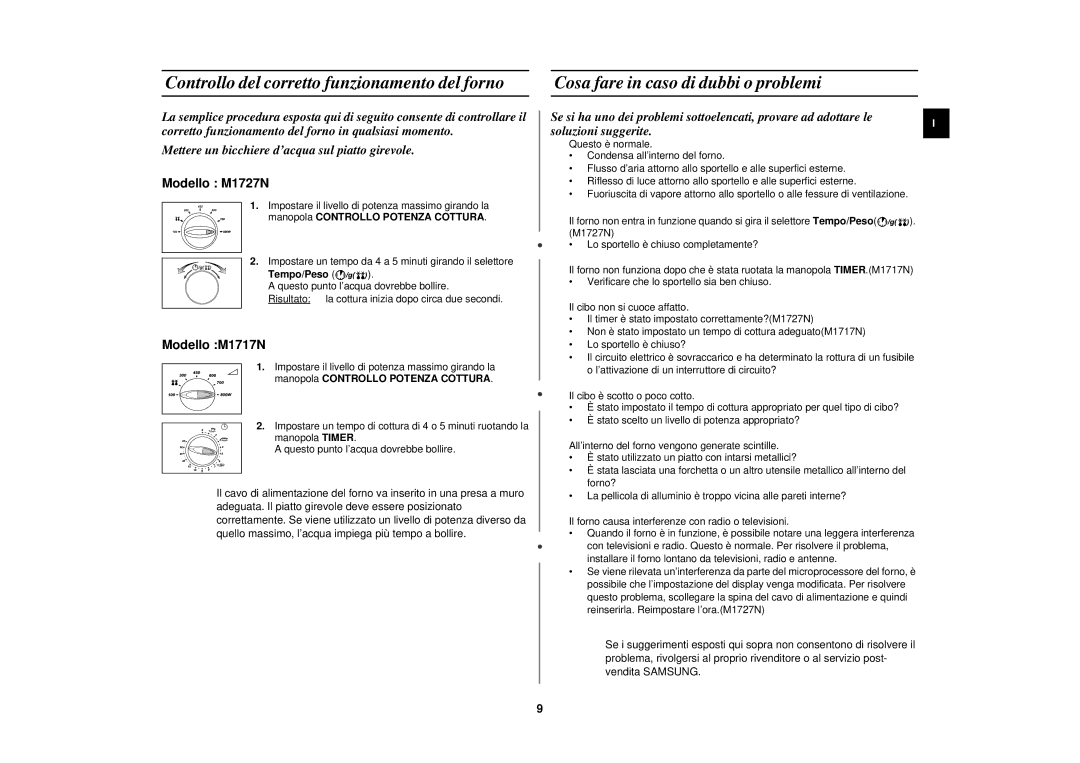 Samsung M1727N/XET manual Tempo/Peso, Manopola Controllo Potenza Cottura 