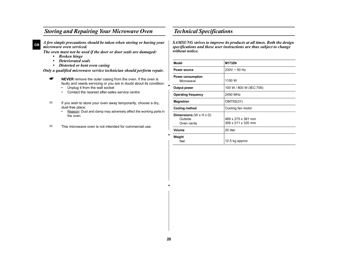 Samsung M1732N manual Storing and Repairing Your Microwave Oven, Technical Specifications, Dimensions W x H x D 