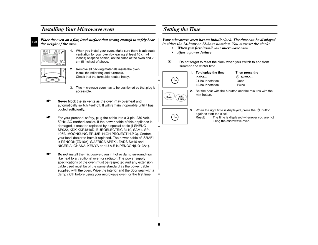 Samsung M1732N manual Installing Your Microwave oven Setting the Time, To display the time 