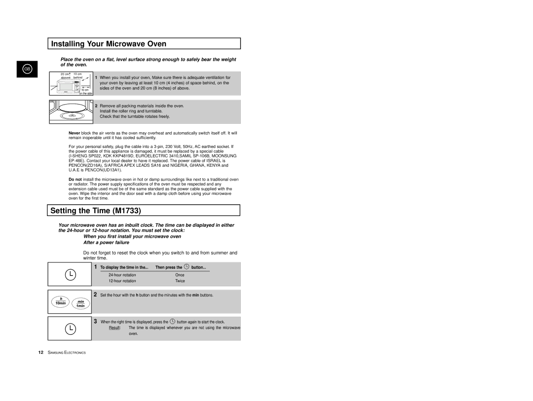 Samsung M1713 manual Installing Your Microwave Oven, Setting the Time M1733, To display the time Then press Button 