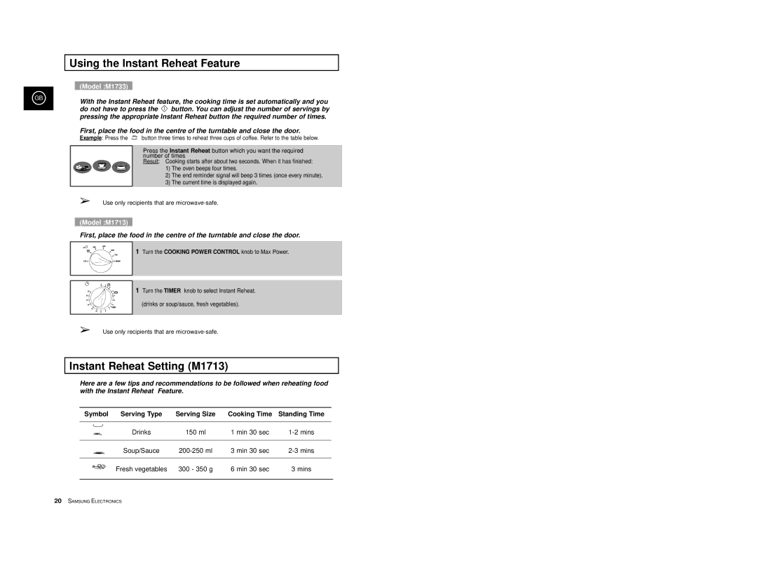 Samsung M1733 manual Using the Instant Reheat Feature, Instant Reheat Setting M1713, Symbol 