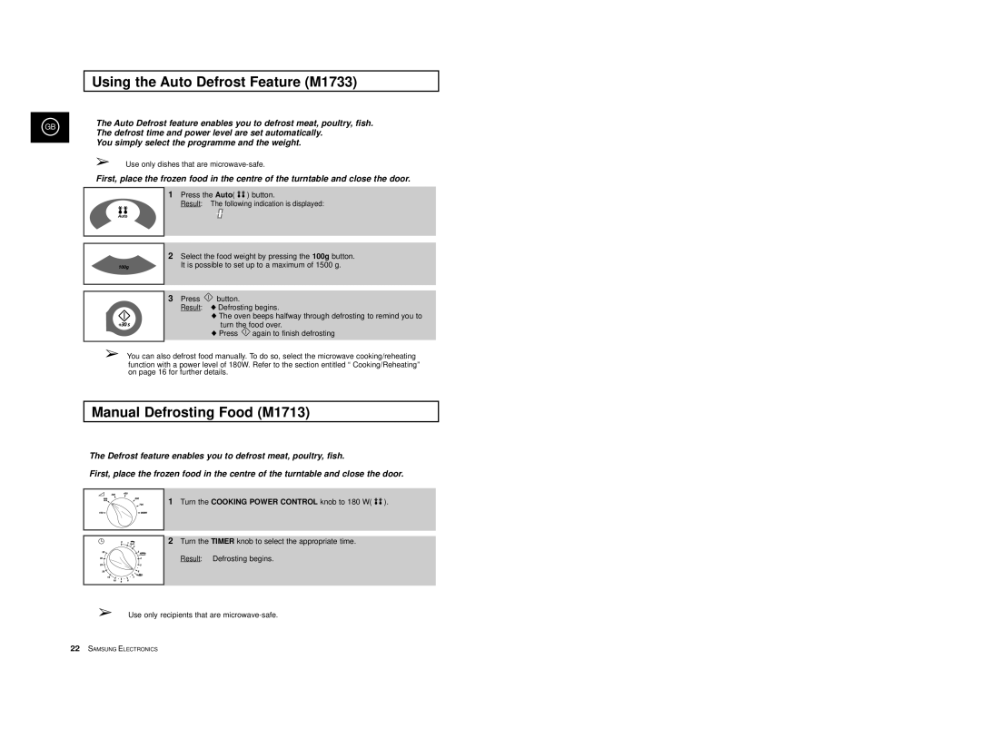 Samsung manual Using the Auto Defrost Feature M1733, Manual Defrosting Food M1713 