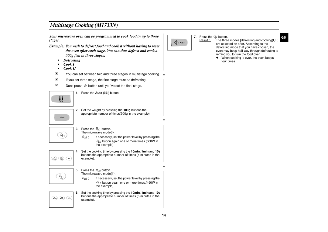 Samsung M1733N/PEL manual Multistage Cooking M1733N, 500g fish in three stages Defrosting Cook 