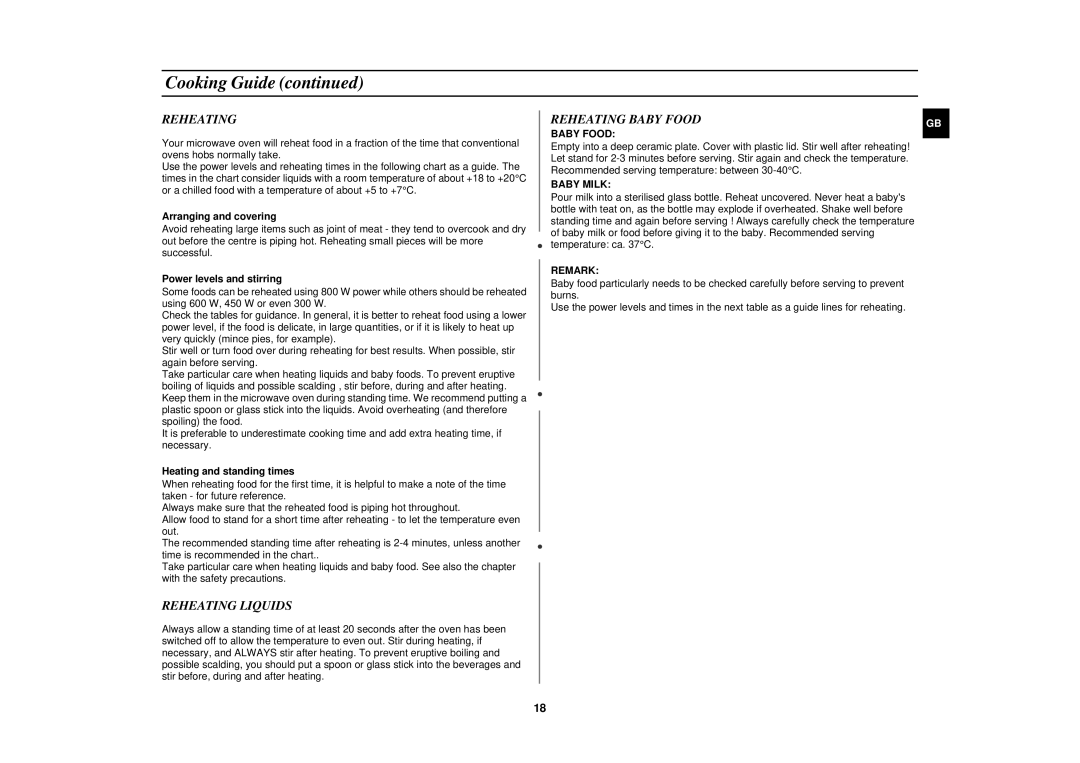 Samsung M1733N/PEL manual Reheating Liquids, Reheating Baby Food 