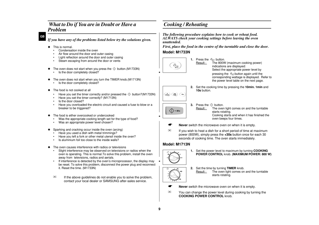 Samsung M1733N/PEL manual What to Do if You are in Doubt or Have a Problem, Cooking / Reheating 