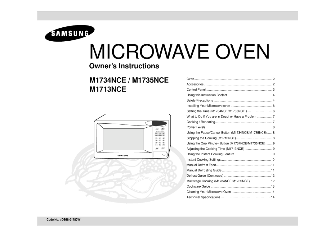 Samsung M1734NCE, M1735NCE, M1713NCE technical specifications Microwave Oven 