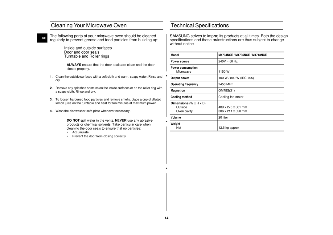 Samsung M1713NCE, M1735NCE, M1734NCE Cleaning Your Microwave Oven Technical Specifications, Dimensions W x H x D 