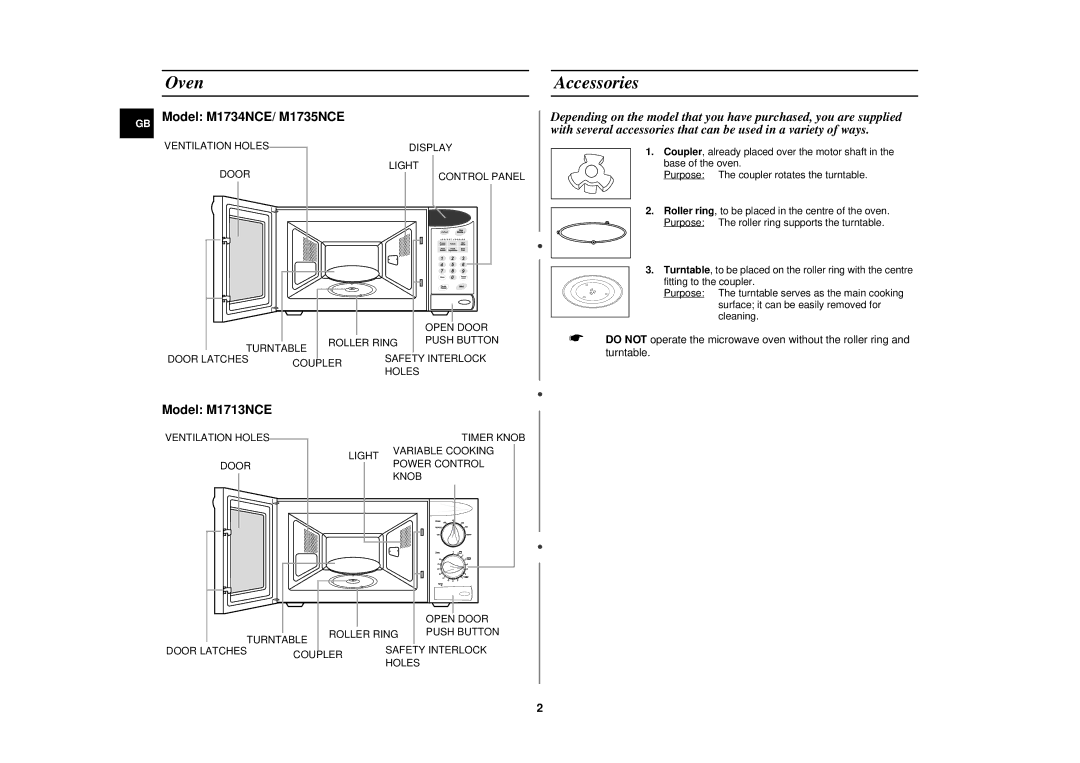 Samsung M1713NCE, M1735NCE, M1734NCE technical specifications Oven, Accessories 