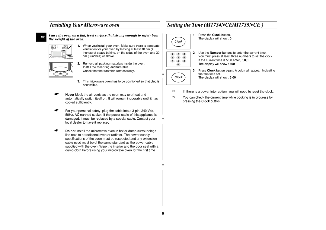 Samsung M1713NCE technical specifications Installing Your Microwave oven, Setting the Time M1734NCE/M1735NCE 