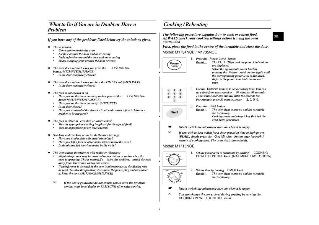 Samsung M1734NCE, M1735NCE, M1713NCE What to Do if You are in Doubt or Have a Problem, Cooking / Reheating 