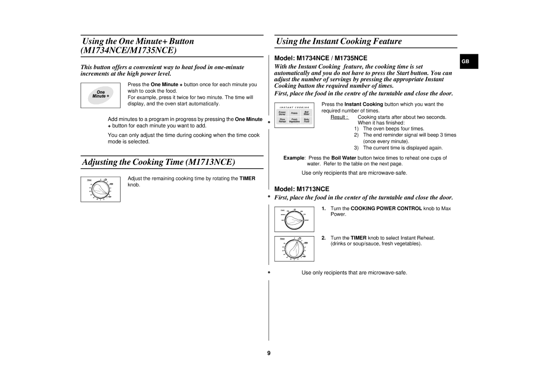 Samsung M1735NCE, M1734NCE technical specifications Adjusting the Cooking Time M1713NCE, Using the Instant Cooking Feature 