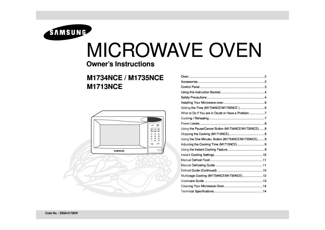 Samsung technical specifications Microwave Oven, Owner’s Instructions M1734NCE / M1735NCE M1713NCE 