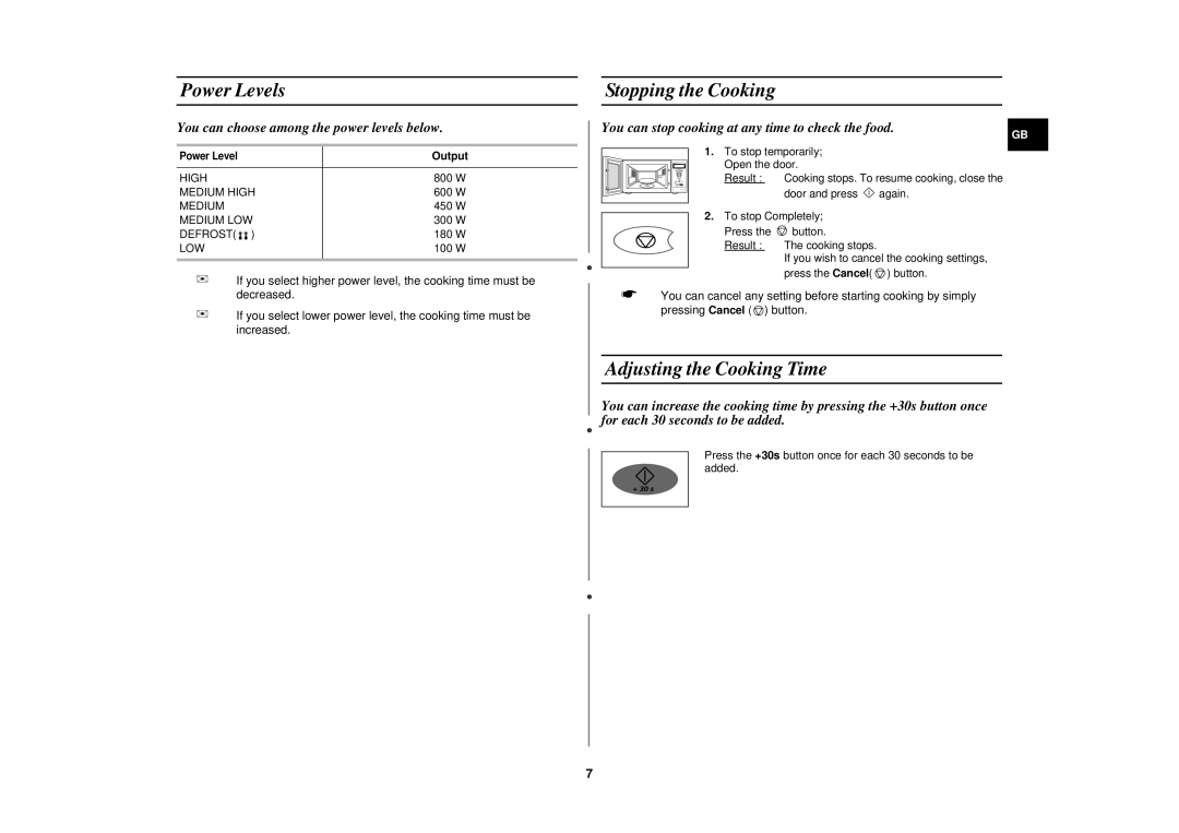 Samsung M1736N/ERP, M1736N/BOL, M1736N/SAM manual Power Levels, Stopping the Cooking, Adjusting the Cooking Time, Output 