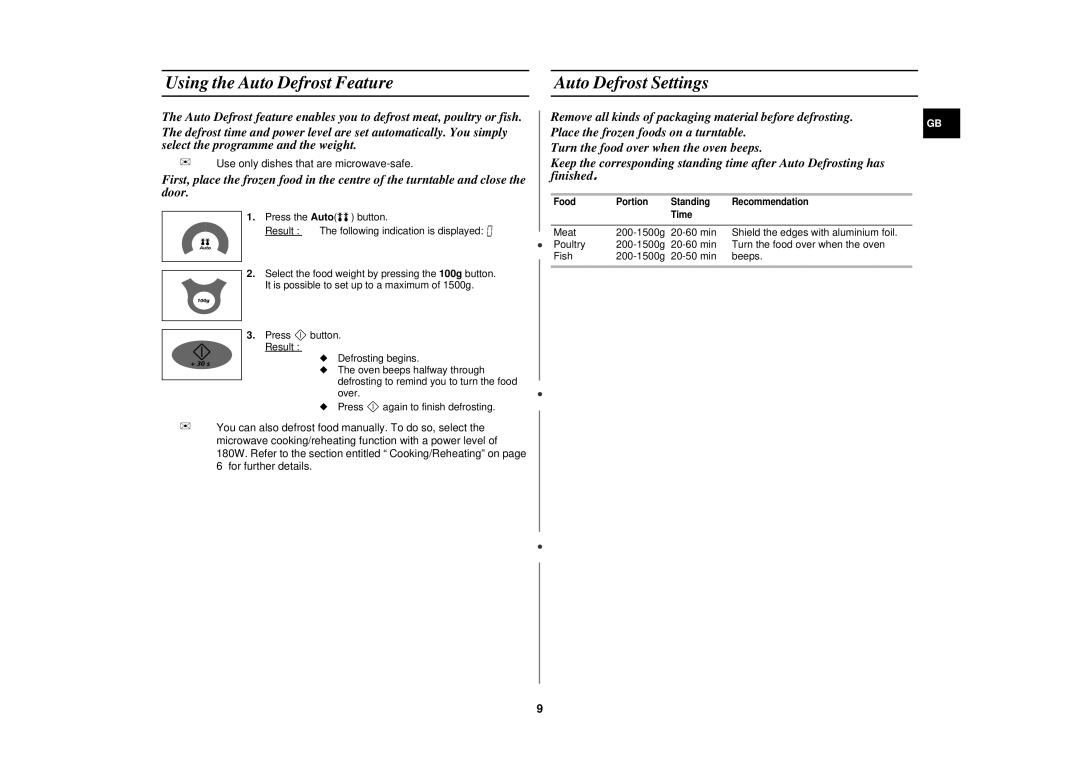 Samsung M1736N/BOL, M1736N/ERP, M1736N/SAM manual Using the Auto Defrost Feature Auto Defrost Settings 