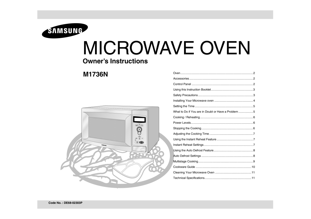 Samsung M1736N/ELE manual Microwave Oven, Code No. DE68-02303P 