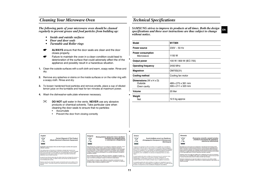 Samsung M1736N/ELE manual Cleaning Your Microwave Oven, Technical Specifications, Dimensions W x H x D 