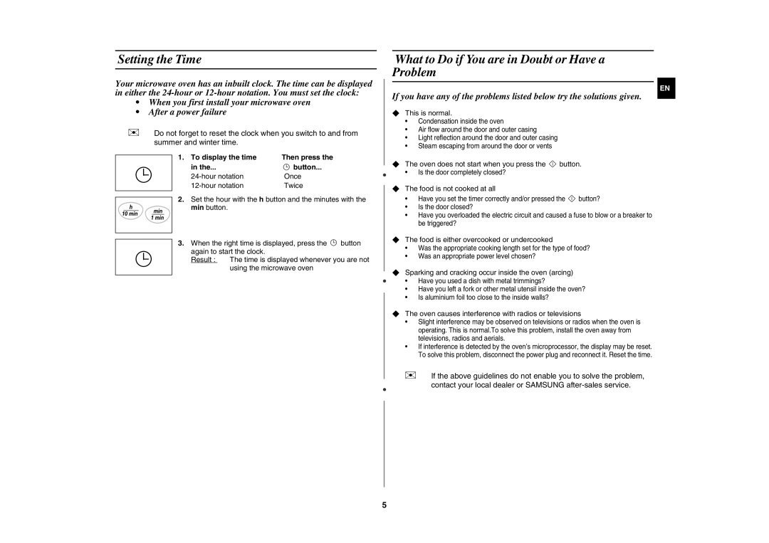 Samsung M1736N/ELE manual Setting the Time, What to Do if You are in Doubt or Have a Problem, To display the time 