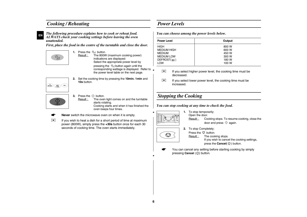 Samsung M1736N/ELE manual Cooking / Reheating Power Levels, Stopping the Cooking, Output 