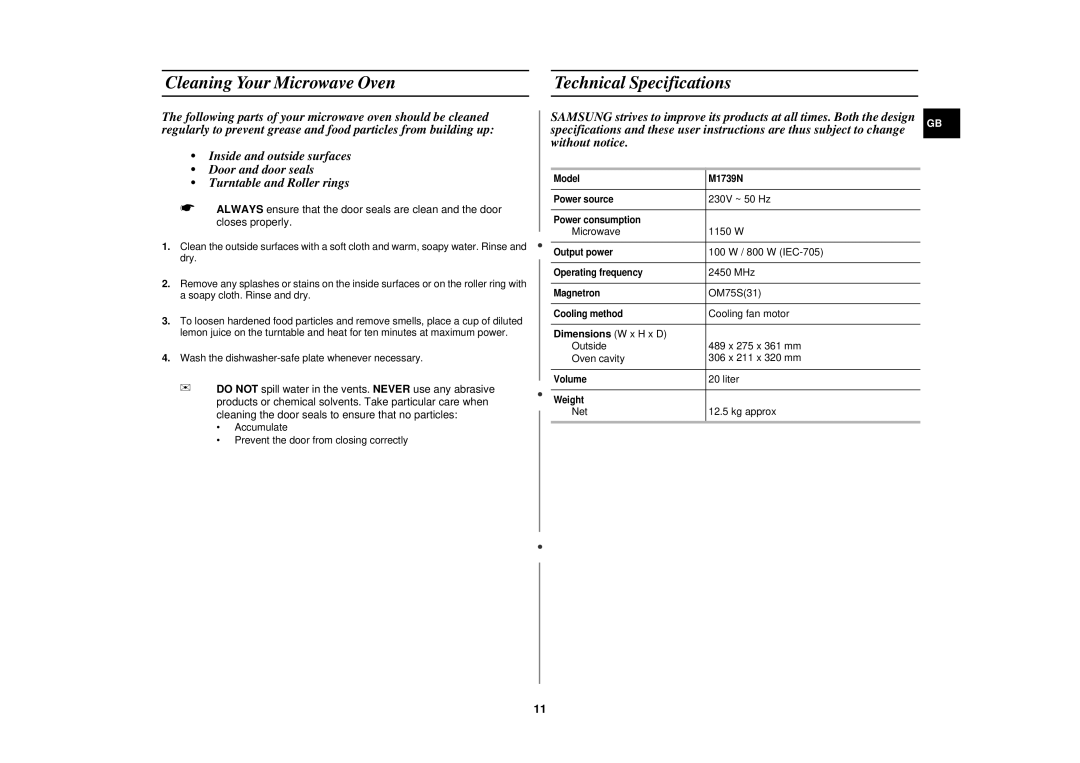 Samsung M1739N/LIB manual Cleaning Your Microwave Oven, Technical Specifications, Dimensions W x H x D 