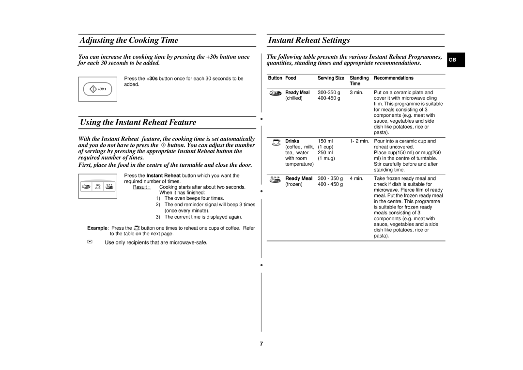 Samsung M1739N/LIB manual Adjusting the Cooking Time Instant Reheat Settings, Using the Instant Reheat Feature, Ready Meal 