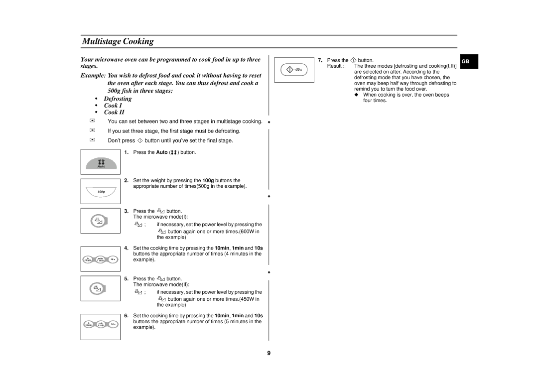 Samsung M1739N/LIB manual Multistage Cooking, 500g fish in three stages Defrosting Cook 