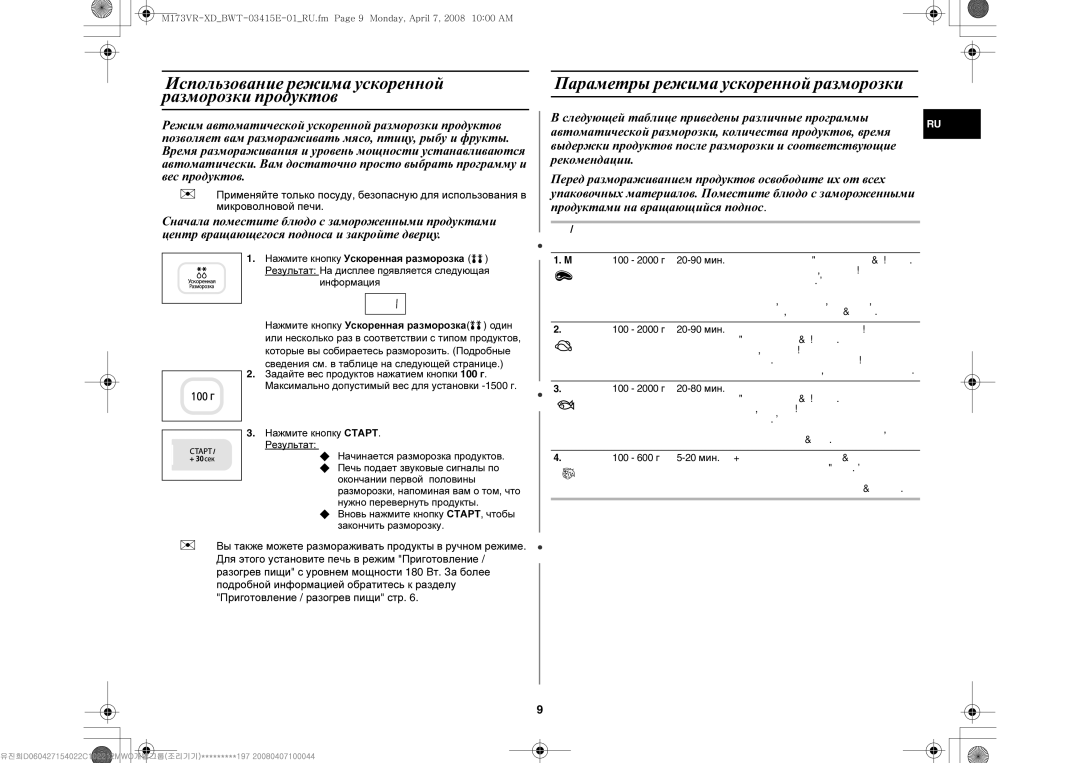 Samsung M173VR-XD/BWT manual Использование режима ускоренной разморозки продуктов 