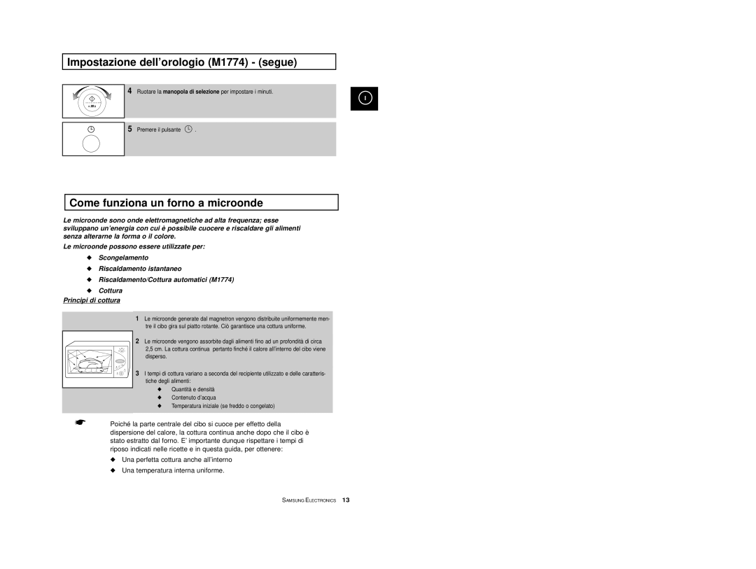 Samsung M1714 manual Impostazione dell’orologio M1774 segue, Come funziona un forno a microonde 