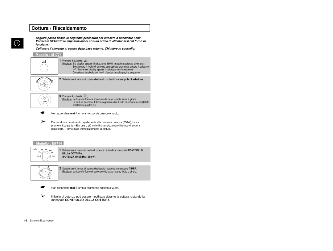 Samsung M1714 manual Cottura / Riscaldamento, Modello M1774 