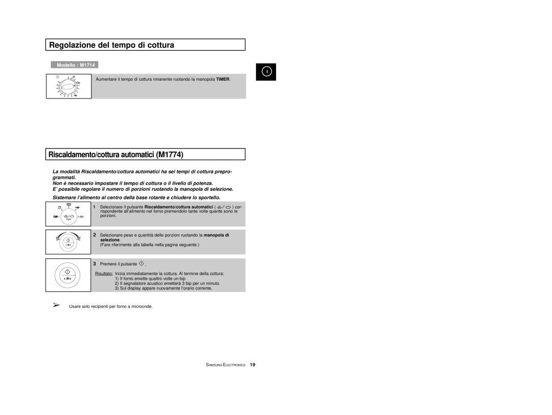 Samsung M1714 manual Riscaldamento/cottura automatici M1774 