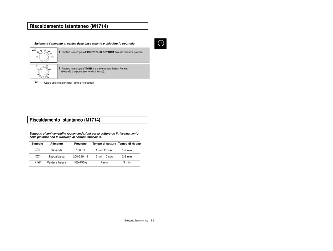 Samsung M1774 manual Riscaldamento istantaneo M1714, Simbolo 