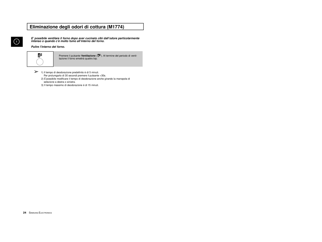 Samsung M1714 manual Eliminazione degli odori di cottura M1774 